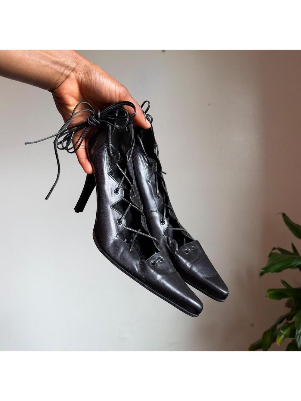 Aldo Black Leather Pointed Toe Lace Up Heels Stiletto Ankle Ties EU 39 US 7